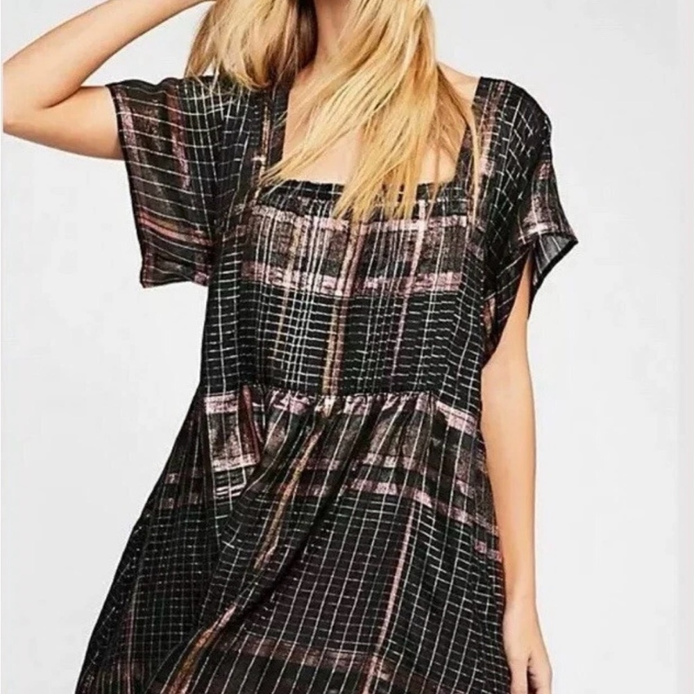 New  Free People Black and Pink Plaid Mini Dress. Great price! XS